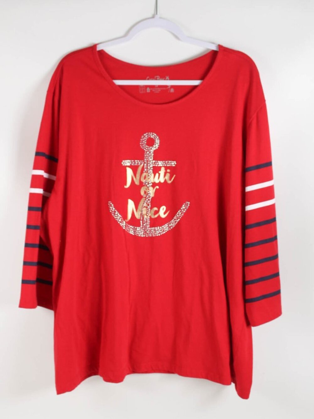 Coral Bay Woman 3X Red Nautical Anchor Nauti or Nice Rhinestone Holiday Top